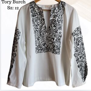 Tory Burch White and Black Embroidered Blouse